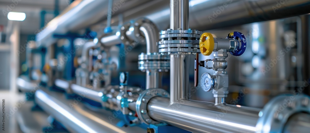 Industrial Filtration System with Stainless Steel Pipes: Detailed Water Flow in a Manufacturing Setting Industrial Filtration System with Stainless Steel Pipes: Detailed Water Flow in a Manufacturing Setting