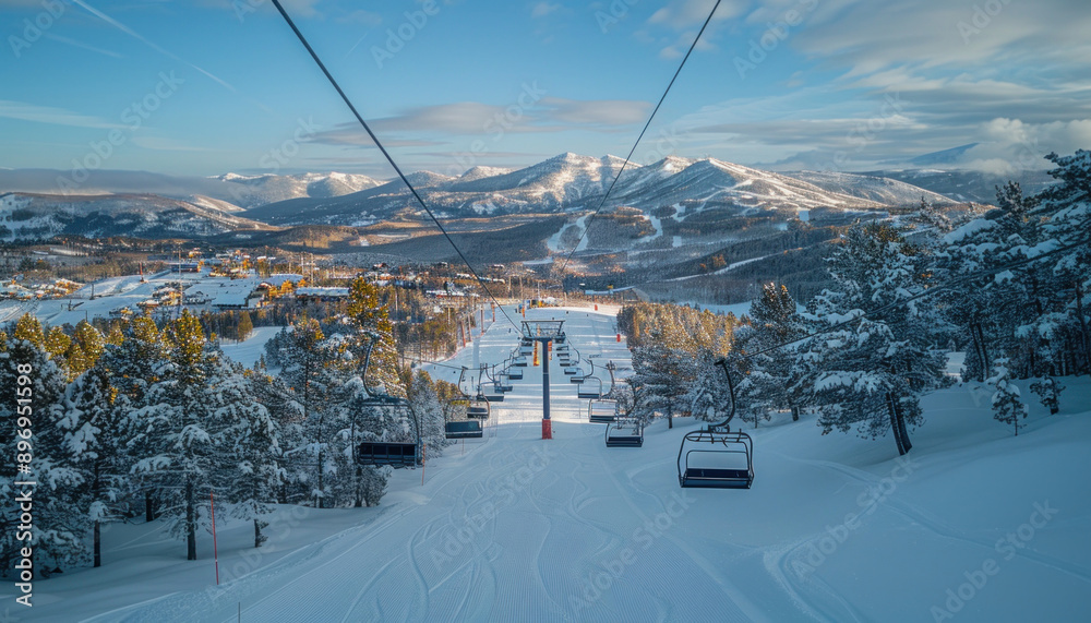 Obraz premium A ski lift ascending a snowcovered slope with mountains in the background under a cloudy sky