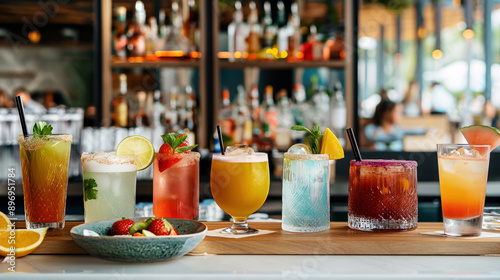 A variety of colorful cocktails displayed on a wooden surface with garnishes, in a bar setting with fresh fruit in the foreground.