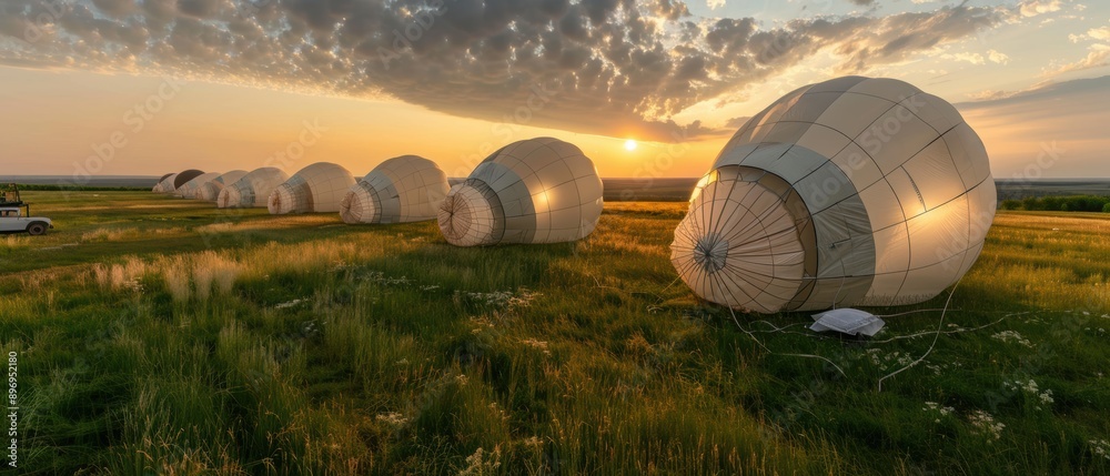 Obraz premium Dawn preparations: Weather balloons ready for launch at sunrise