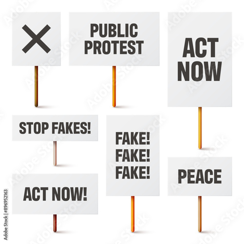 Blank white protest signs with text slogans on wooden holder. Various realistic vector demonstration banners. Strike action cardboard placard mockup. Social advertisement. Vector illustration