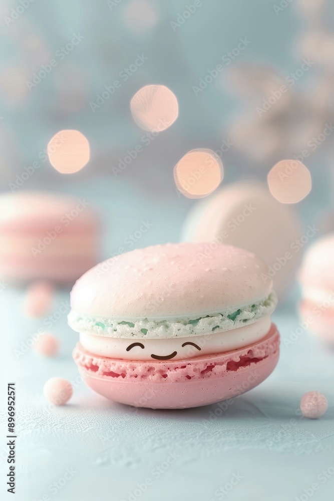 Obraz premium A sleek 3D model of a macaron with a cute face, set on a plain background, with soft pastel colors