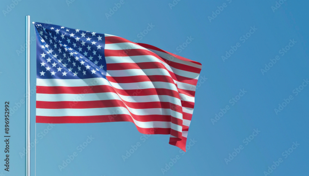 Fototapeta premium In the blue sky, the wind is causing an American flag to wave. Its a symbol of patriotism