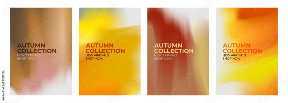 Fototapeta premium Autumn Collection. New Arrivals. Promotional flyers set. Fall season abstract blurred color backgrounds for business, seasonal shopping promotion and advertising. Vector illustration.