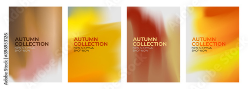 Autumn Collection. New Arrivals. Promotional flyers set. Fall season abstract blurred color backgrounds for business, seasonal shopping promotion and advertising. Vector illustration.