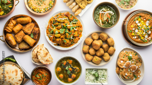 Colorful Indian dishes on a white background. This includes curry, samosa, rolls, pani puri, and pakora. These dishes are commonly served for Ramadan Iftar.