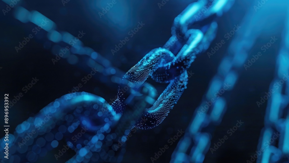 A blue digital chain, symbolizing the global network of blockchain technology on dark background. The image conveys innovation and security in futuristic network system with no human elements A blue digital chain, symbolizing the global network of blockchain technology on dark background. The image conveys innovation and security in futuristic network system with no human elements