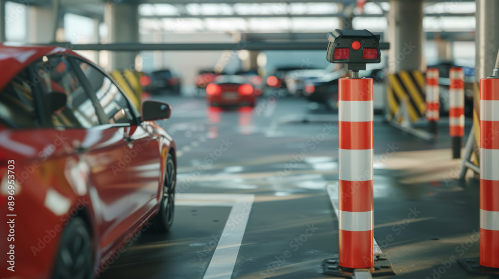 LPR parking lot where cars can enter and leave with a camera system. Car at parking entrance with a boom barrier. LPR parking lot where cars can enter and leave with a camera system. Car at parking entrance with a boom barrier.