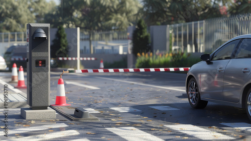 LPR parking lot where cars can enter and leave with a camera system. Car at parking entrance with a boom barrier.