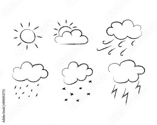 Scribble doodle charcoal paint weather set. Kids hand drawn pencil abstract sketch.