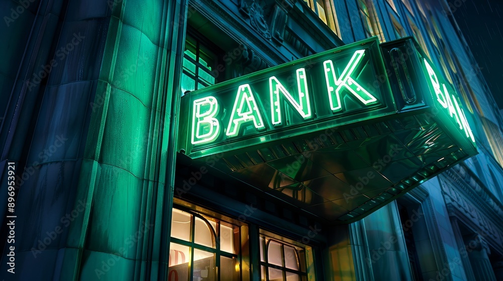 Fototapeta premium A bank building with a neon sign that says 