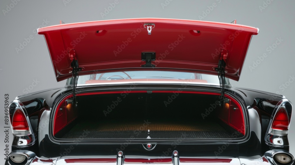 Fototapeta premium Open clean trunk of retro car back view, Rear view old car with open trunk, headlight, bumper