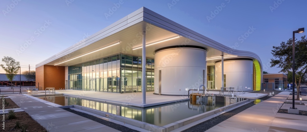 Contemporary Water Treatment Plant Exterior with Sustainable Design on a Clear Day Contemporary Water Treatment Plant Exterior with Sustainable Design on a Clear Day