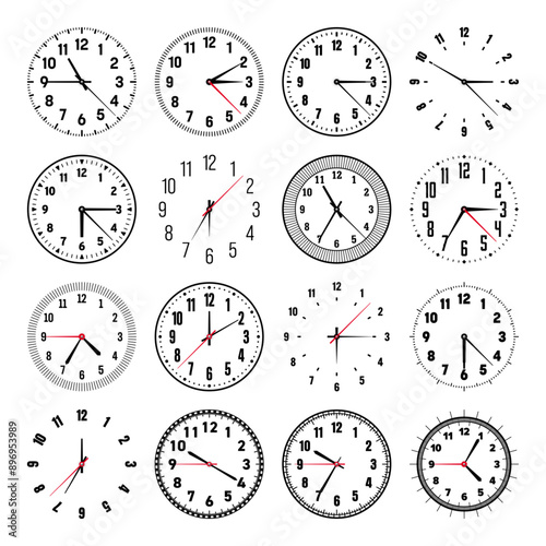 Mechanical clock faces with hands, bezel. Watch dial with minute, hour marks and numbers, arabic numerals. Timer or stopwatch element. Measuring circle scale with divisions. Vector illustration