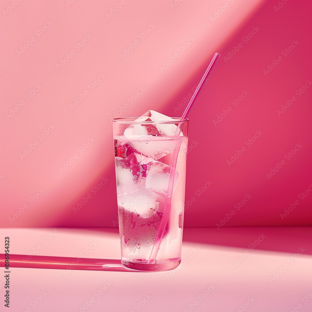Glass of refreshing iced water with pink straw on pink background, showcasing a vibrant and cool summer drink concept. Glass of refreshing iced water with pink straw on pink background, showcasing a vibrant and cool summer drink concept.