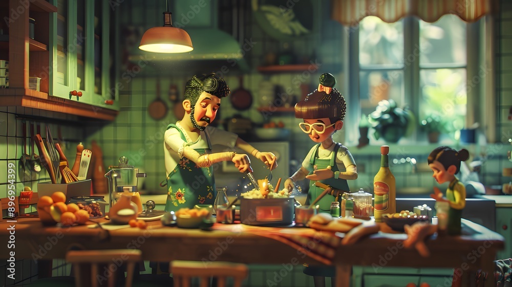 Naklejka premium Family Cooking Together in a Cozy Kitchen