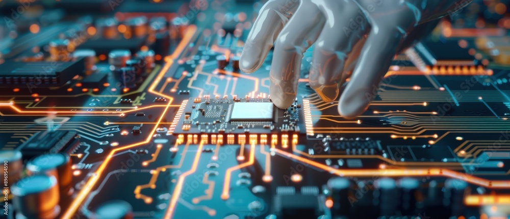 Obraz premium Precision Engineering: Engineer Crafting Circuit Board with Clarity
