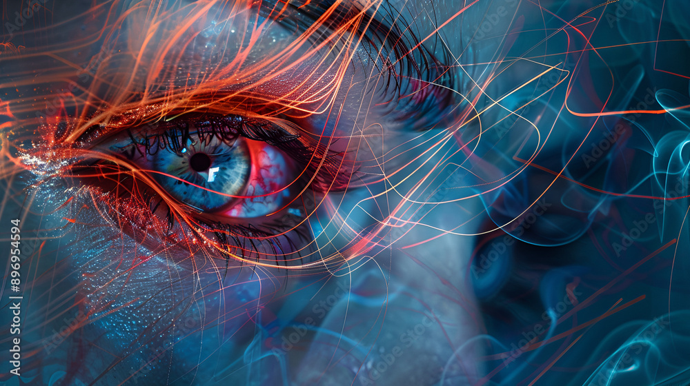 Close up of woman's eye with digital circuit in it Technology concept, Macro Photography Blends with Digital Art in a Stunning Eye Close Up ,Mesmerizing Woman in Colorful Illumination Close up of woman's eye with digital circuit in it Technology concept, Macro Photography Blends with Digital Art in a Stunning Eye Close Up ,Mesmerizing Woman in Colorful Illumination