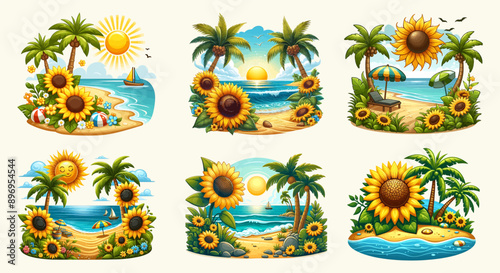summer sunflower beach with palm trees and vector t-shirt design bundle