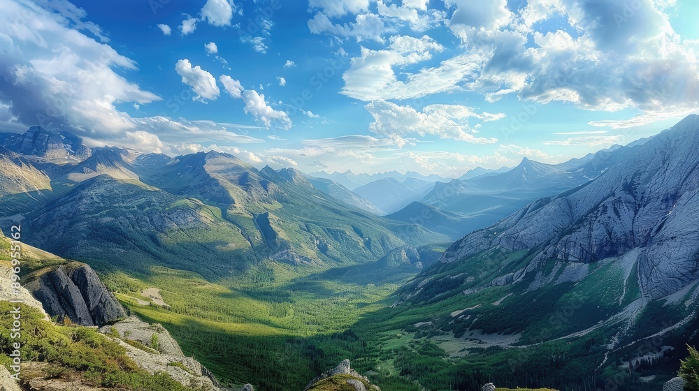 Fototapeta premium A panoramic view of mountains and a tranquil valley below.