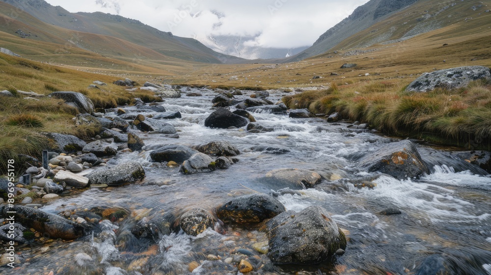 A pristine mountain stream flowing through a rocky landscape. A pristine mountain stream flowing through a rocky landscape.