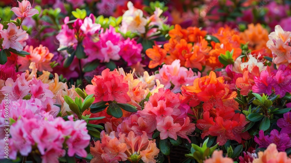 An array of blooming azaleas in a garden, showcasing rich colors An array of blooming azaleas in a garden, showcasing rich colors