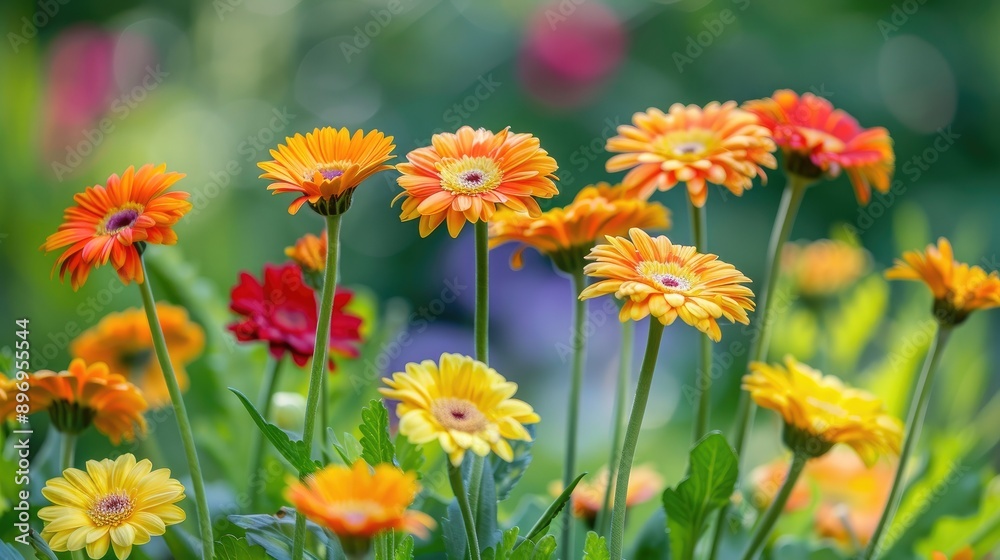 Bright orange and yellow gerbera daisies in full bloom. Bright orange and yellow gerbera daisies in full bloom.