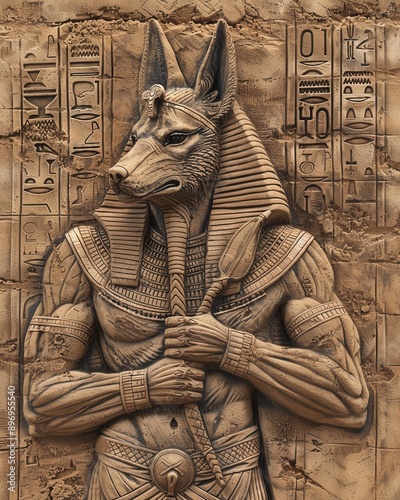 Ancient Egyptian Anubis god statue of an anthropomorphic wolf figure with hieroglyphs in the background, symbolizing protection and embalming rituals.