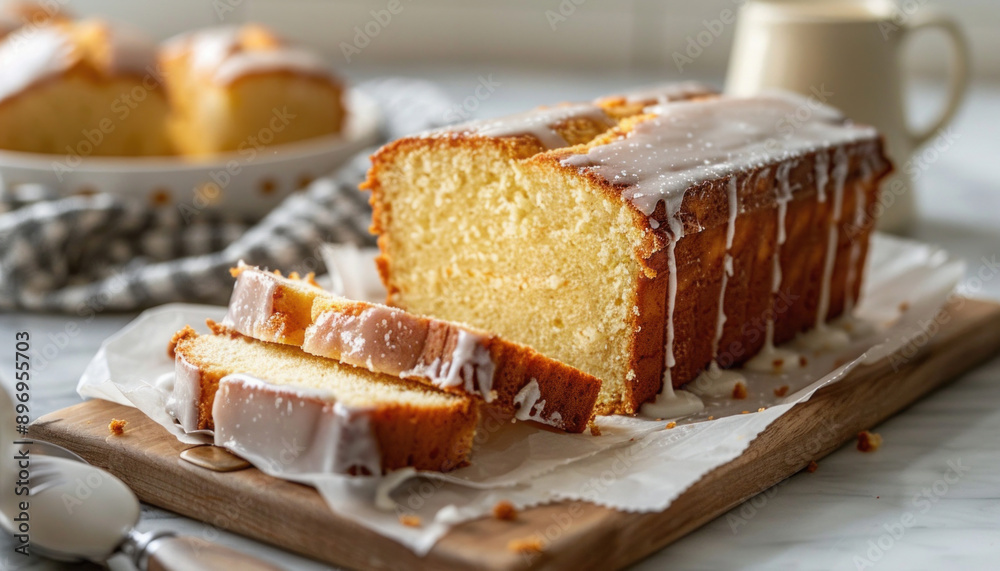 A loaf of cake with icing sits on a wooden cutting board, ready to be served to guests at the table A loaf of cake with icing sits on a wooden cutting board, ready to be served to guests at the table