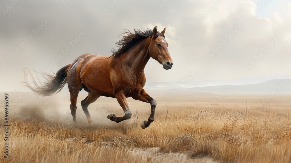 A majestic horse galloping across an open field. A majestic horse galloping across an open field.