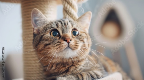A cat swats at a dangling toy on a scratching post.