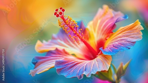 Close-up of a blooming hibiscus flower with vivid colors.