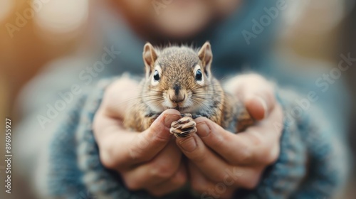 A wildlife rehabilitator bottle-feeds a rescued baby squirrel. photo