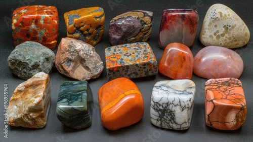 A collection of colorful rocks and stones are arranged in a row