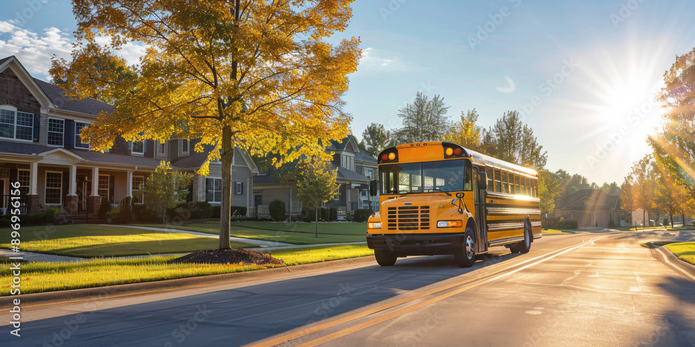 Obraz premium A school bus rides in the early fall morning sunshine down a cozy street with cottages, green lawns and beautiful trees with yellow foliage