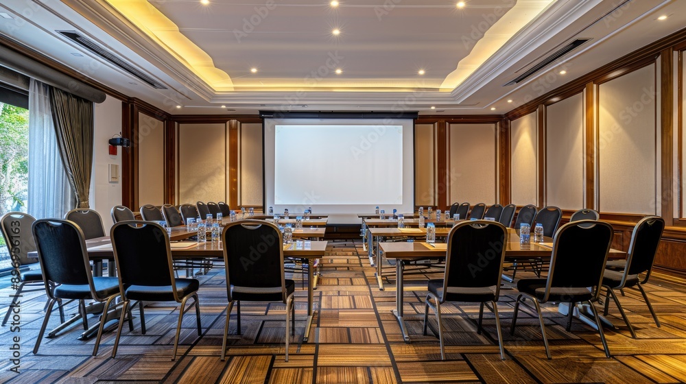 Fototapeta premium Empty boardroom with projector screen and arranged chairs.