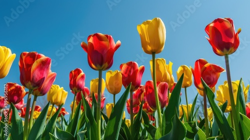 Field of red and yellow tulips in full bloom under clear skies.
