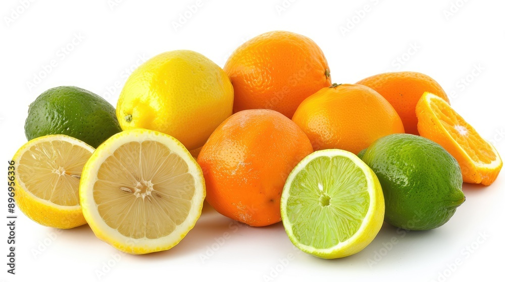 Fresh citrus fruits including oranges, lemons, and limes on a white background. Fresh citrus fruits including oranges, lemons, and limes on a white background.