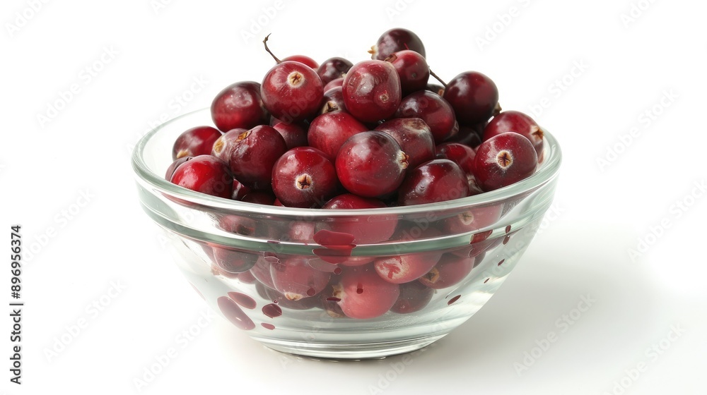 Freshly picked cranberries in a glass bowl on a white background. Freshly picked cranberries in a glass bowl on a white background.