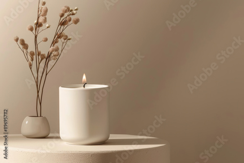 White ceramic aroma candle jar with dried flowers on a neutral background