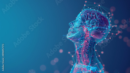Neck pain, Medical Illustration. Nervous system and muscular system. Polygonal brain. Lines and dots. Blue background. photo
