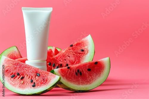 Mockup white tube with watermelon slices on pink background. photo