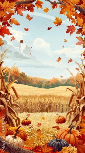 An editable advertisement template for a fall field with pumpkins, corn stalks, and falling leaves.