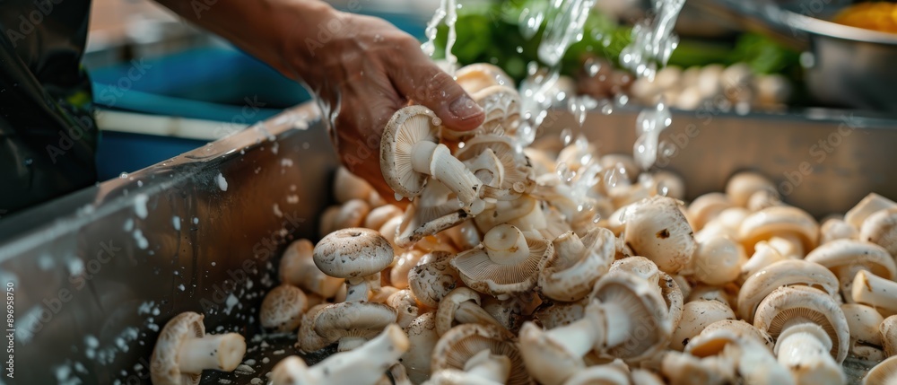 Fresh Wild Mushrooms Being Cleaned and Prepped for Cooking by Hand Fresh Wild Mushrooms Being Cleaned and Prepped for Cooking by Hand