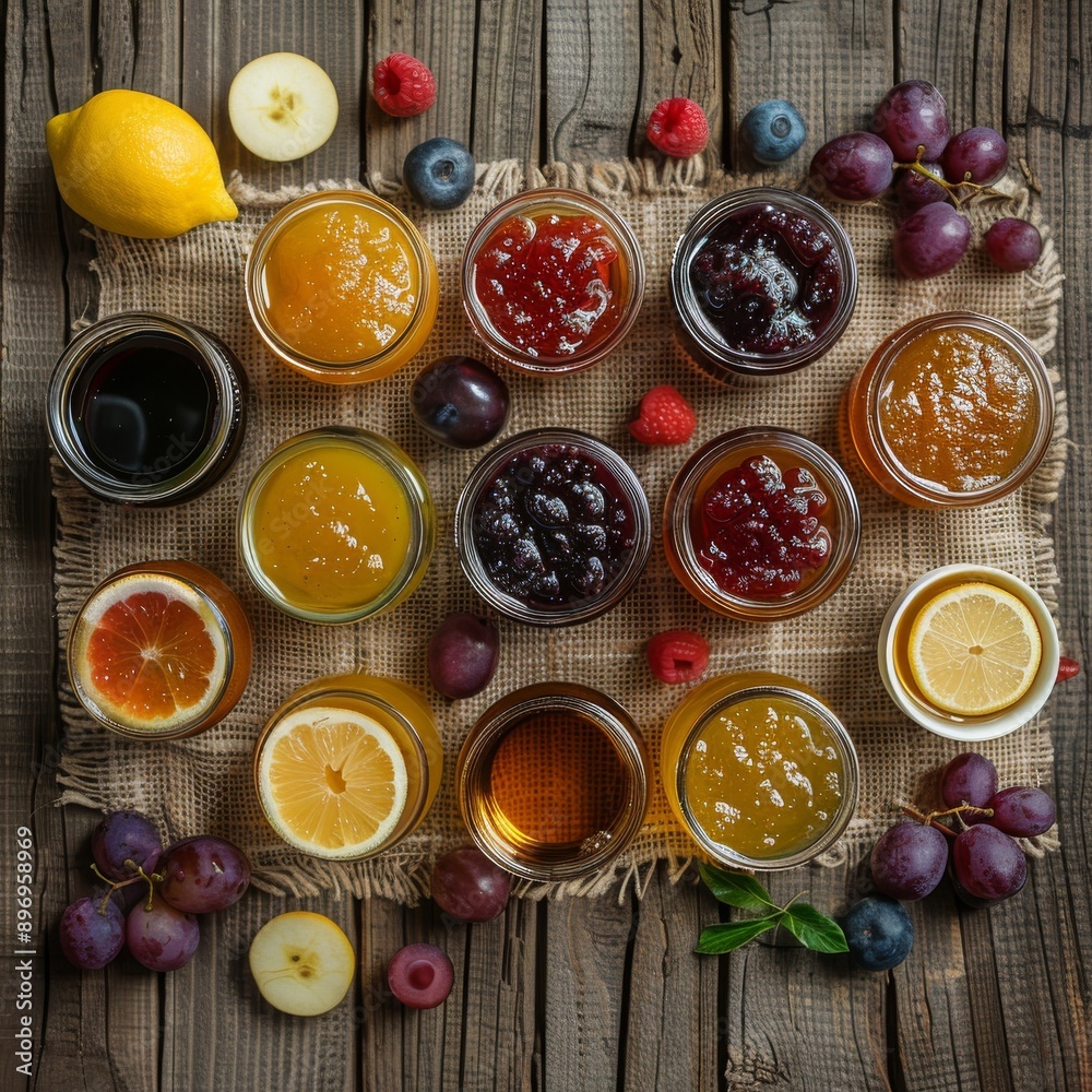 Various Homemade Jam Set, Pozzy Big Collection with Tea and Sliced Lemon on Rustic Tablecloth Various Homemade Jam Set, Pozzy Big Collection with Tea and Sliced Lemon on Rustic Tablecloth
