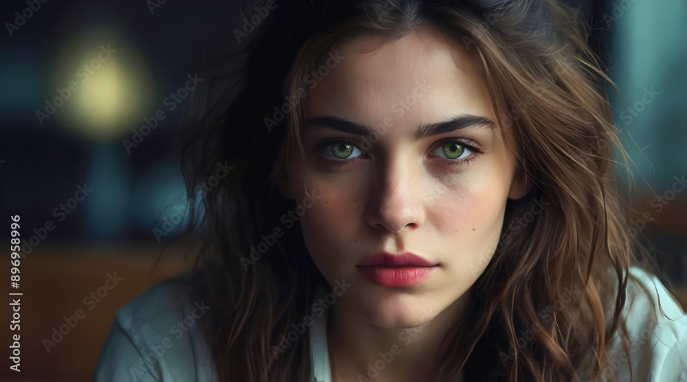 Portrait of beautiful brunette female model, green eyes, sensual elegant fashion model, people background