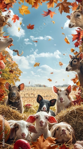 A harvest festival advertisement centered around a petting zoo, with a clean design with a border of farm animals