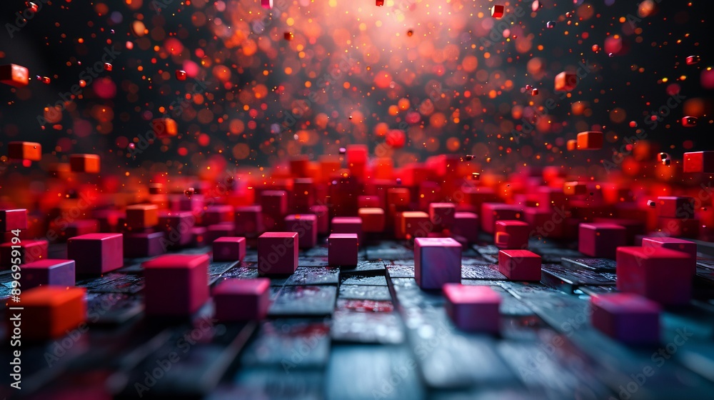 Fototapeta premium Red Cubes Falling On Dark Surface