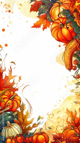 A harvest festival poster template with an autumn theme and a bonfire focus, including a clean and empty composition with a decorative border of a bonfire, pumpkins, and seasonal produce. The layout