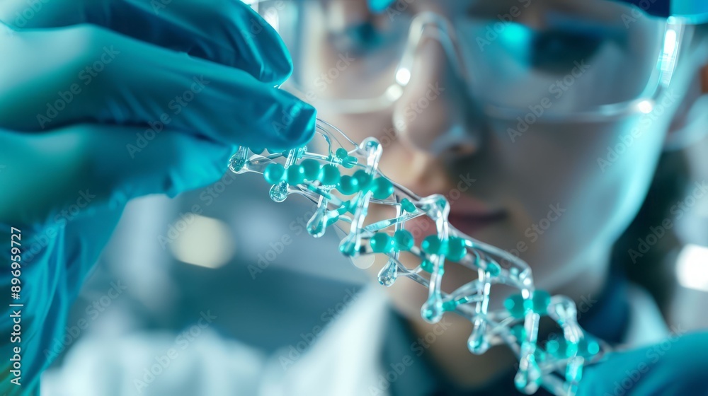 A focused scientist examines a molecular structure in a laboratory, showcasing innovation and research in science. A focused scientist examines a molecular structure in a laboratory, showcasing innovation and research in science.
